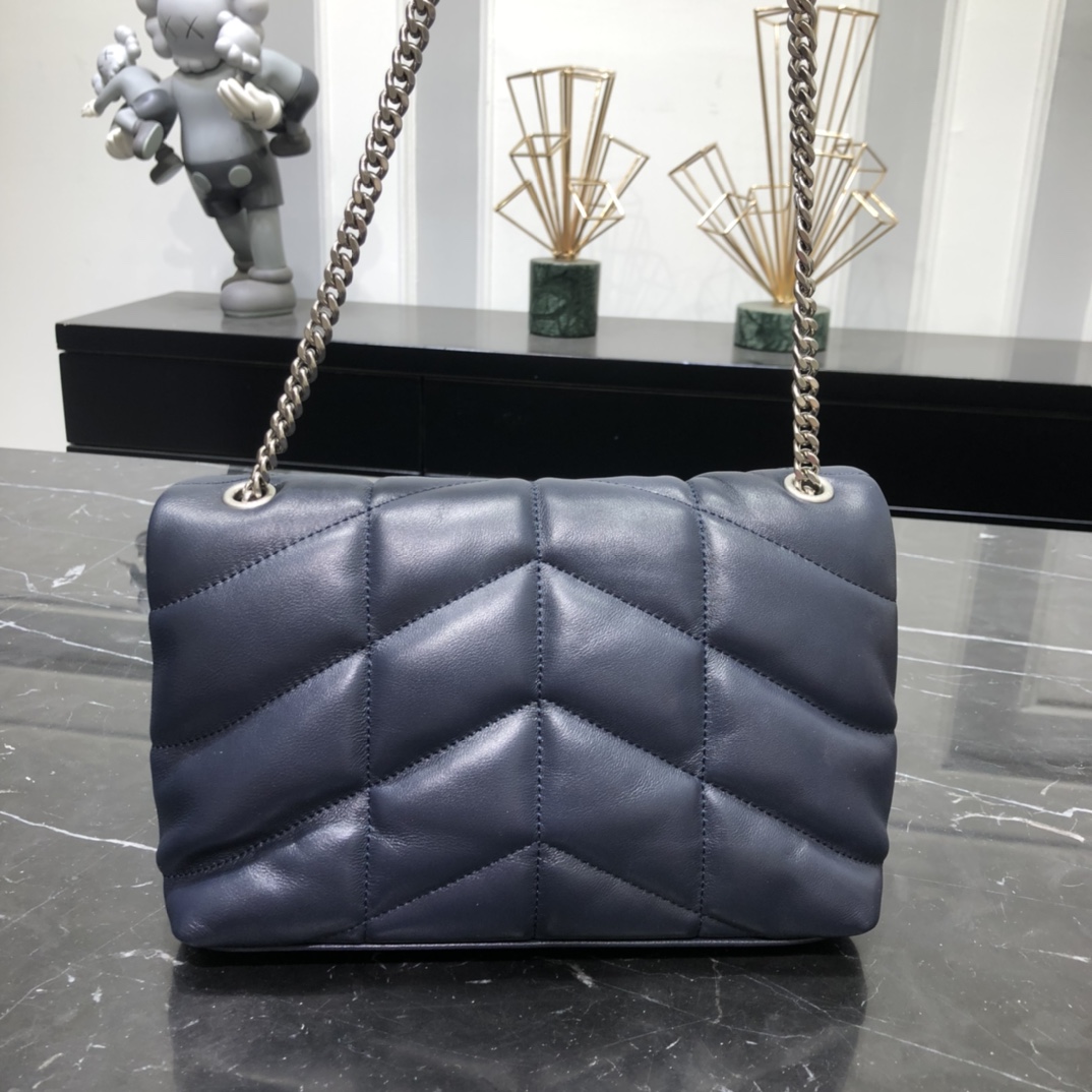 Saint Laurent Loulou Puffer Toy Lambskin Shoulder Bag Handbag Dark Blue 759337 Silver